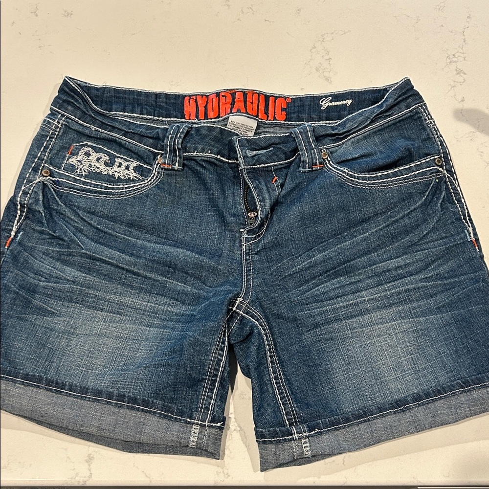 Hydraulic Red and Blue Denim Shorts